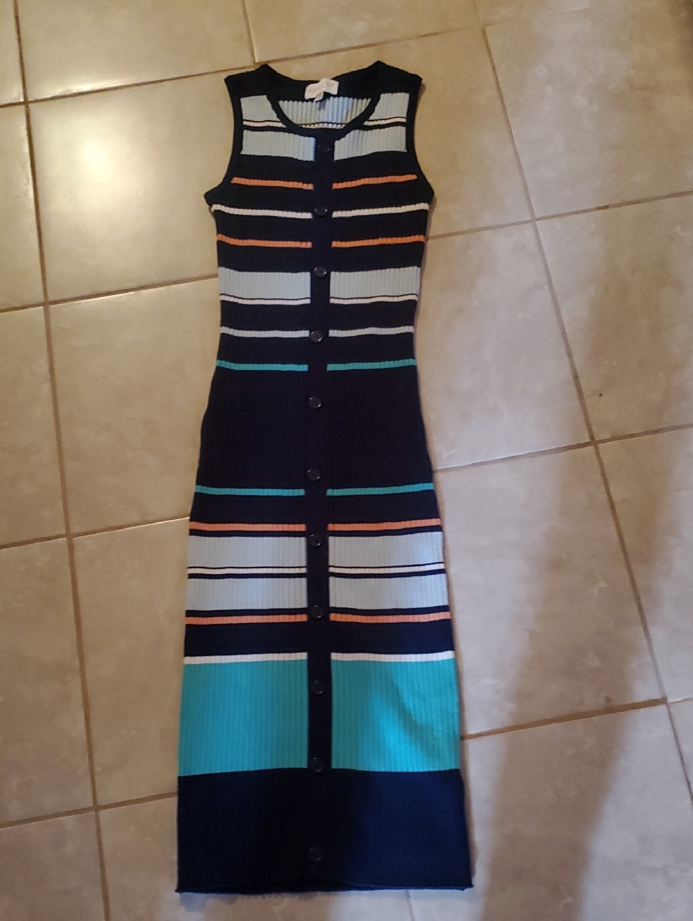 APRICOT Navy Sleeveless Striped Button-Front Midi Dress